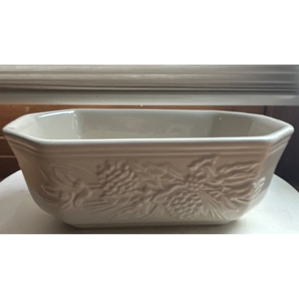 Longaberger Nature's Garland Embossed Dish Ivory Ceramic Rectangular Boxed
